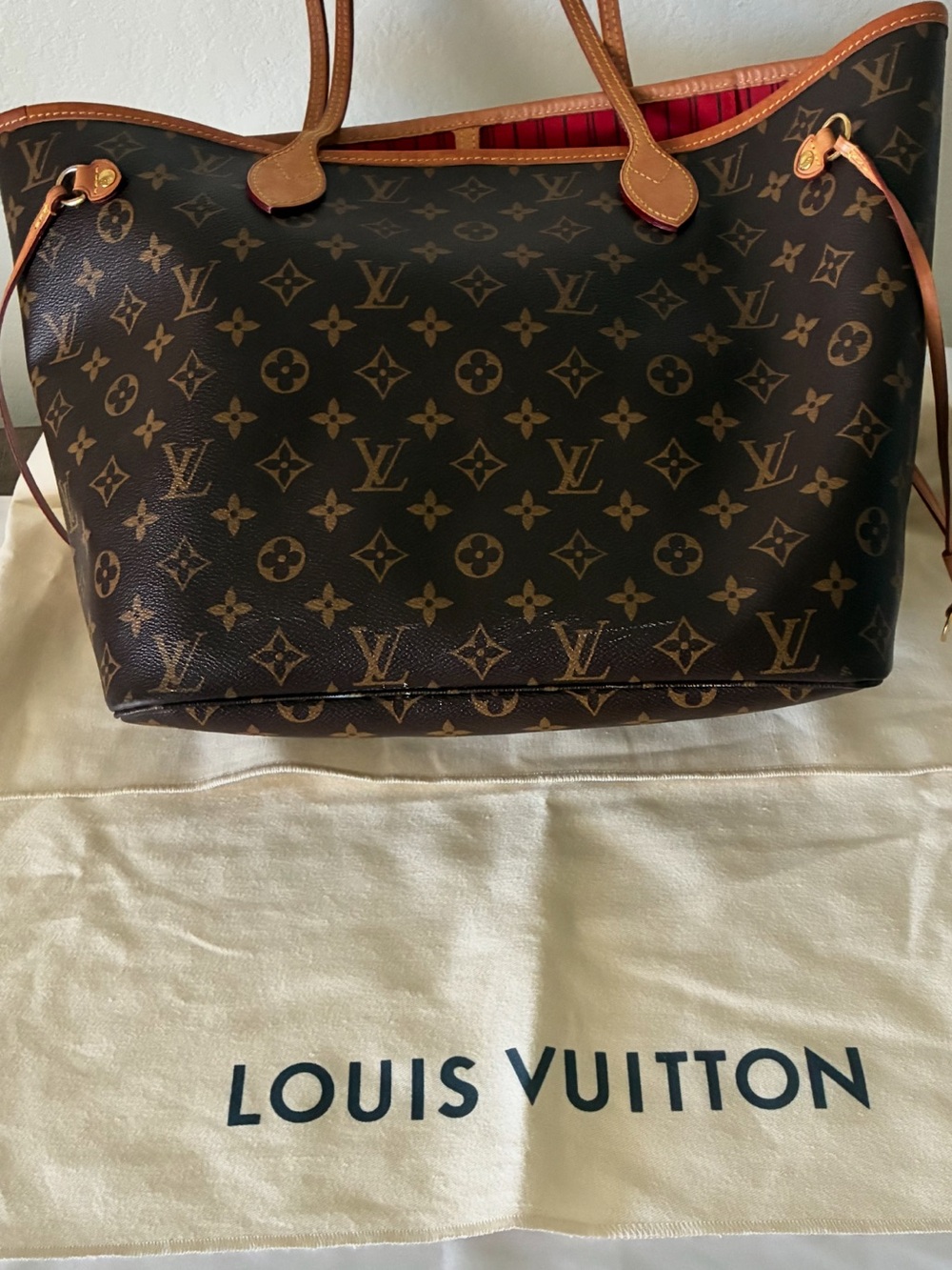 Authentic Louis Vuitton Monogram Canvas Tote with Red Interior